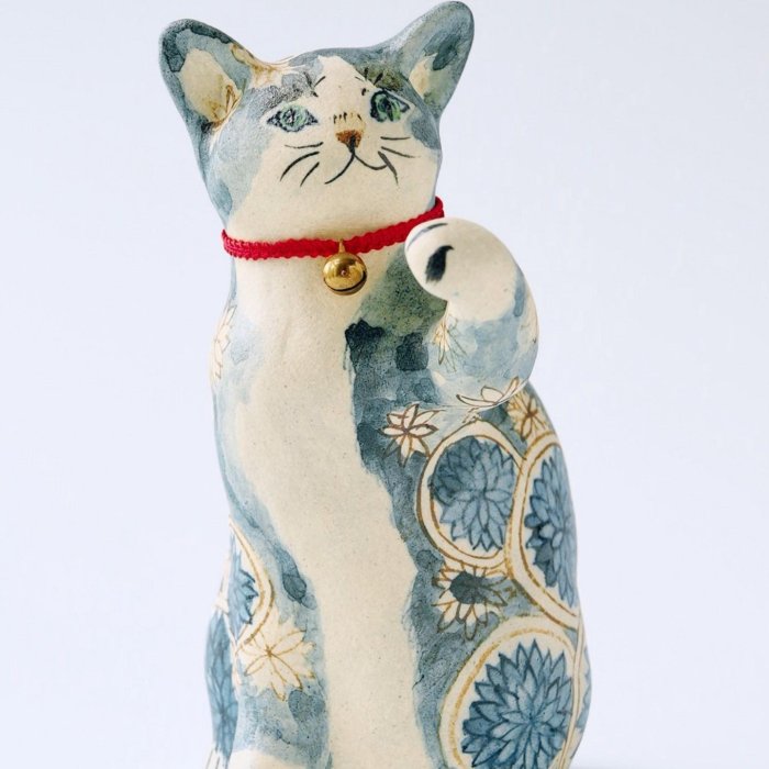 今田香　陶猫　招き猫 今田香「貓の青花」陶蕓家招福貓日本貓展招財貓貓器青花染付手繪瀨戶燒