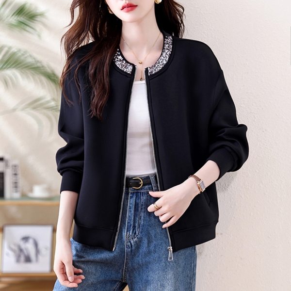 ＊ORead＊休閒棒球服釘珠片圓領短外套(黑色L~5XL)