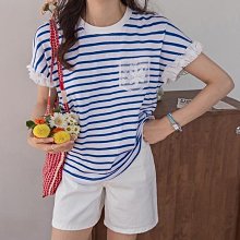 Bellee 正韓  蕾絲刺繡刺繡口袋荷葉邊條紋棉質上衣  (2色) 【0724-40】