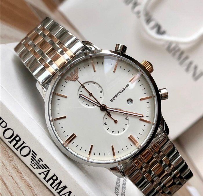 現貨EMPORIO ARMANI 白色面錶盤 玫瑰金色配銀色不鏽鋼錶帶 石英 雙眼計時 男士手錶 AR0399 亞曼尼腕錶