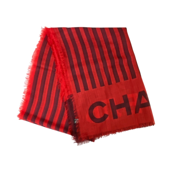 CHANEL 香奈兒 紅/黑色 羊絨 條紋 圍巾 【二手名牌BRAND OFF】