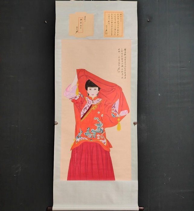 編號AV125 純手工字畫四尺中堂張大千人物一物一圖，實物拍攝材質：鎏金