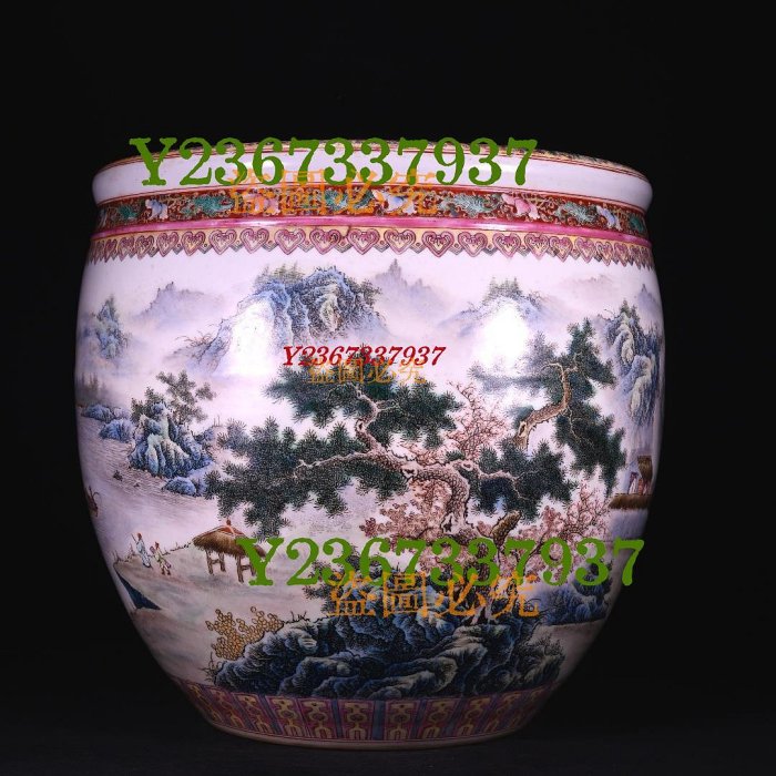 清乾隆粉彩山水銘文紋畫缸規格40*41.5厘米79 瓷器青花粉彩【快樂真棒