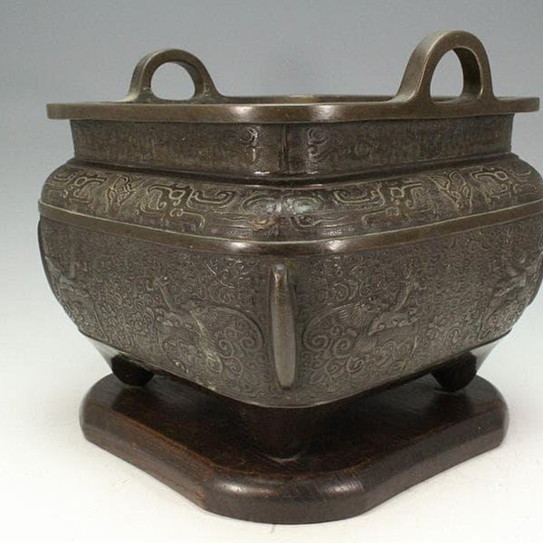 古銅饕餮紋雙耳四方瓶掛(K-LC697) | Yahoo拍賣