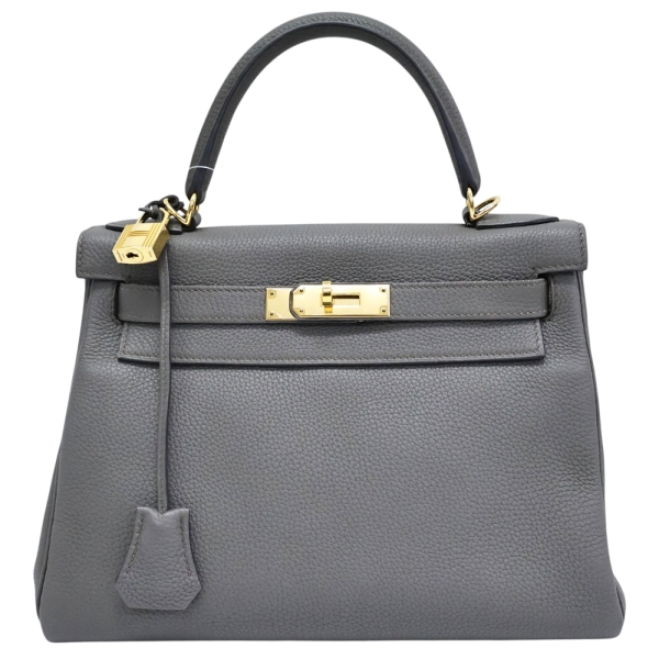 HERMES 愛馬仕 錫器灰 Togo牛皮 Kelly 28 凱莉包 手提包 C刻 金扣 缺背帶 【二手名牌BRAND OFF】