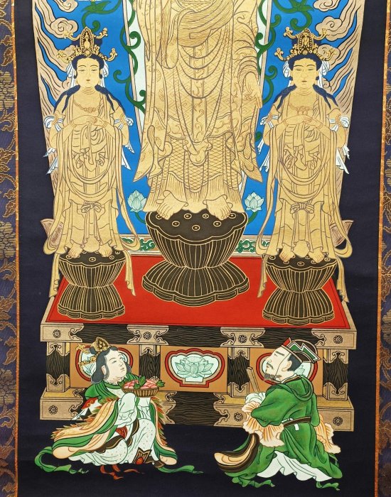 嚴選日本回流古佛畫書畫掛軸，阿彌陀三尊慈父觀音大勢至左右脅侍，金邊
