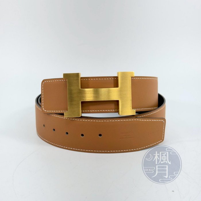 【一元起標 6/24】HERMES 口M刻  金棕/黑雙面H皮帶#100