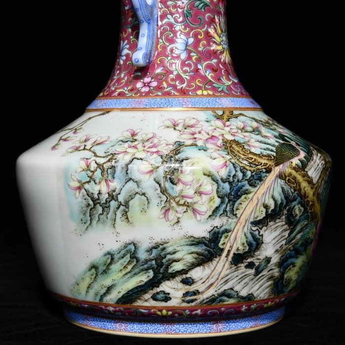 可議價清乾隆粉彩花鳥紋雙耳瓶，高26cm直徑20cm，編號3817634官窯、民