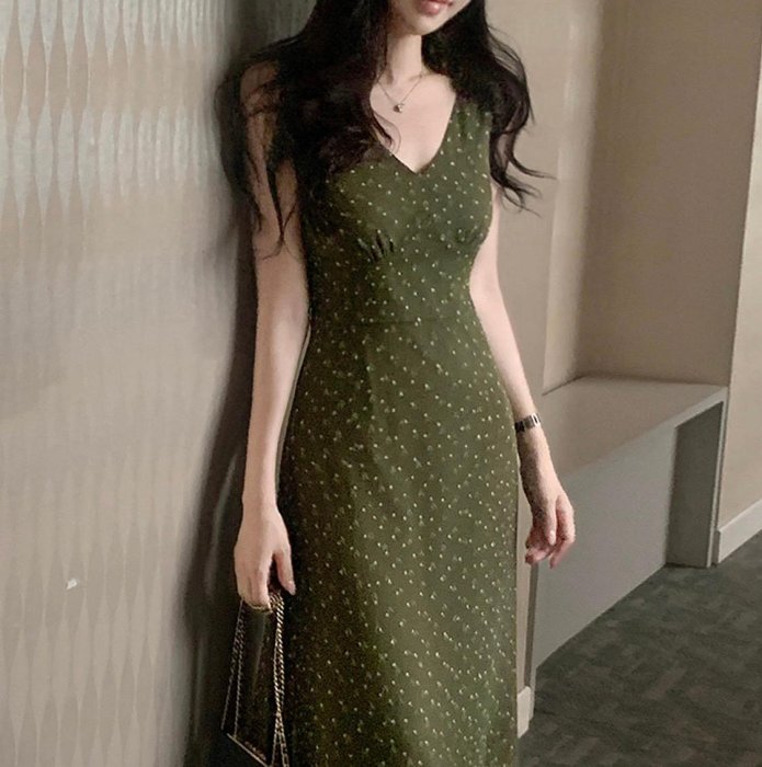 正韓代購 深V剪裁點點印花雪紡洋裝 女 甜美修身曲線無袖洋裝 secon.24244 26JUN