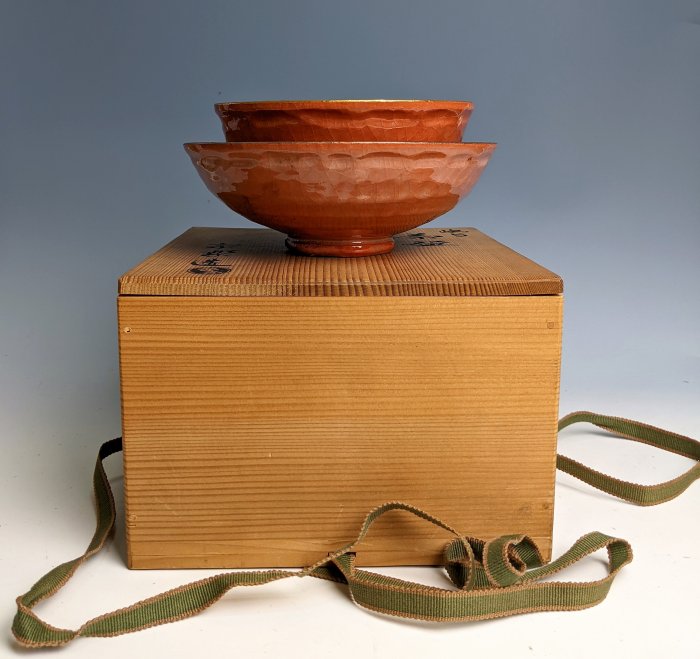 日本古美術/赤樂燒宗樂作鳩台金銀大茶碗，共箱共布/樂茶碗/老