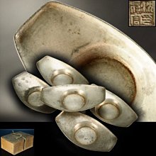 古錫 明時代 茶托 茶道具 錫製 沈存周 日本茶托】大師『沈存周』古錫茶托角印古錫製舟形茶托x五客☆附