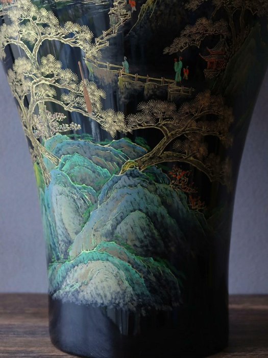 標為單福州脫胎漆器山水人物花瓶一對日本回流創匯時期大花瓶黑底金漆