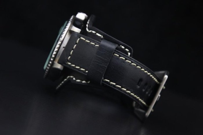 20mm皮底皮面 bund watch strap hamilton飛行軍錶風格黑色平面錶帶,白線