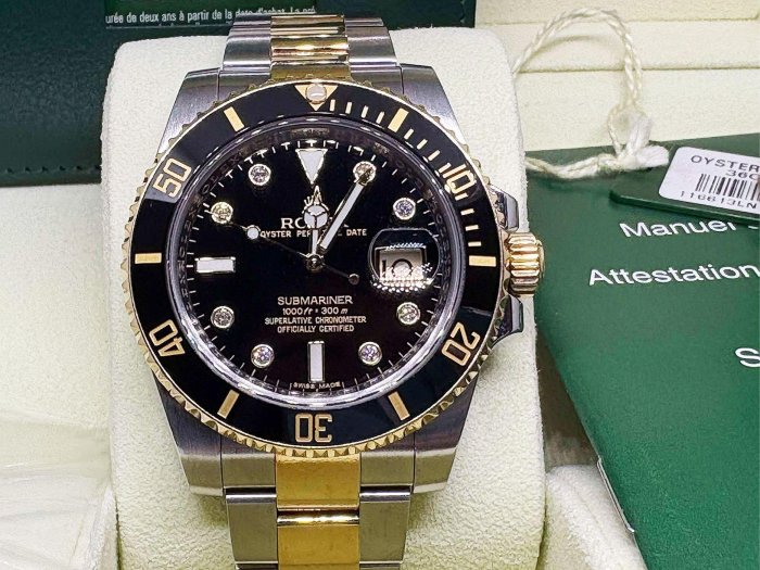 ROLEX SUBMARINER 116613GLN  陶瓷框 18K半金黑水鬼8鑽面.商品95新.國內大全配A7916