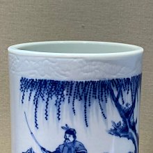 崇禎時期青花瓷筆筒高16.5公分完美品相細膩胎質琉璃釉面人物故事圖優雅