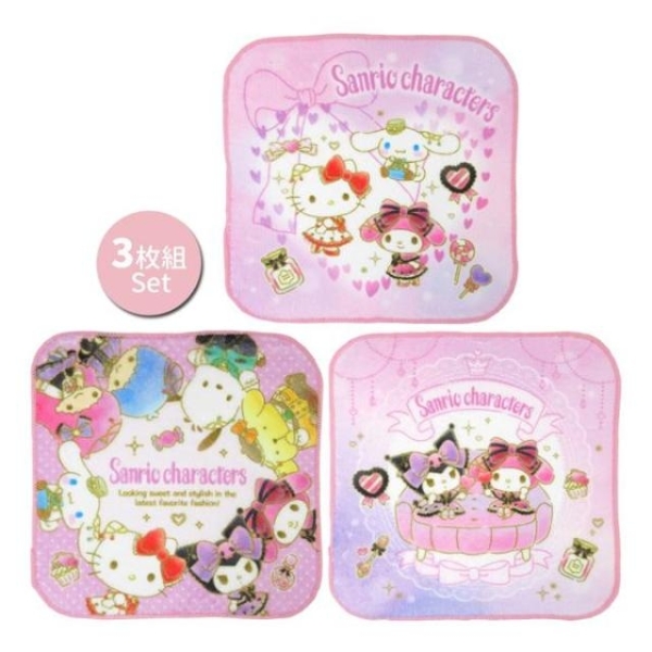 小禮堂 Sanrio 三麗鷗大集合 純棉方巾3入組 16x16cm (粉蝴蝶結款)
