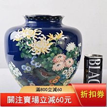 日本七寶燒銀胎花瓶安藤七寶品藍色系菊花圖案純手工掐絲高約21cm 寬約