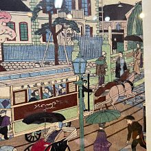 古玩輕鬆拍】老日本名浮世繪師三代歌川広重作東京名所京橋鉄道馬車往復