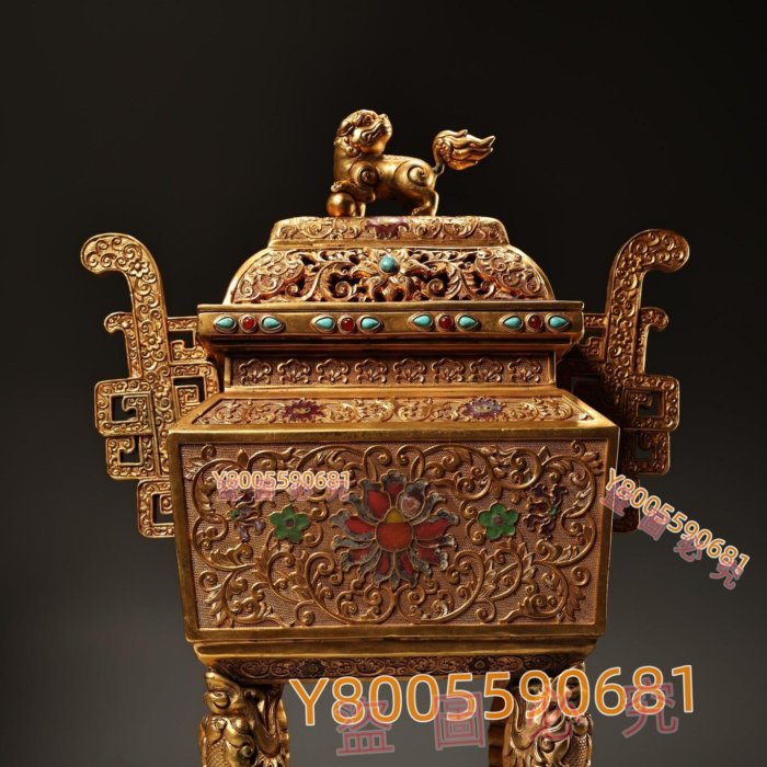 珍品清代宮廷御藏罕見高浮雕鏨刻鎏金方獅子蓋熏香爐工古董舊藏擺件【景