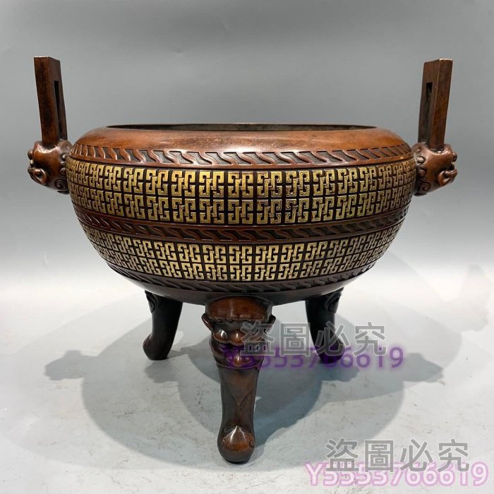可議價老件純紫銅浮雕鎏金宣德三年吳邦佐造富貴相連獸耳三足大香爐擺件