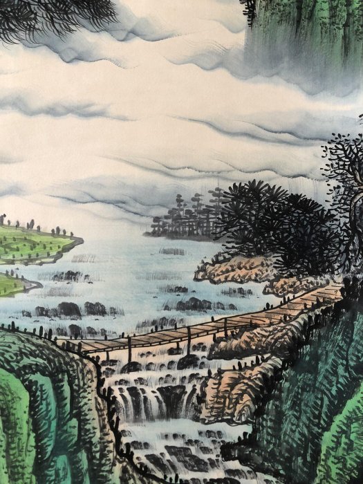 25【宋文治】山水，四尺純手繪作品中堂裱好尺寸202x78cm左右畫芯尺寸