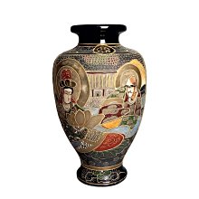 日本古美術/薩摩燒古花瓶金襴手細工人物紋，琉璃釉，飾金開片