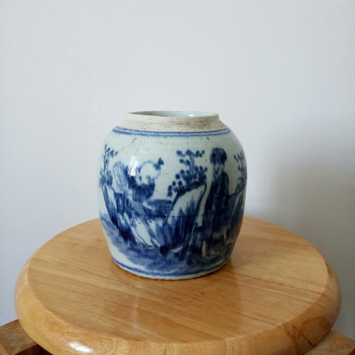 清代中晚期青花攜琴訪友圖罐子嚴選美品，無大損僅有輕微雞爪狀釉瑕疵
