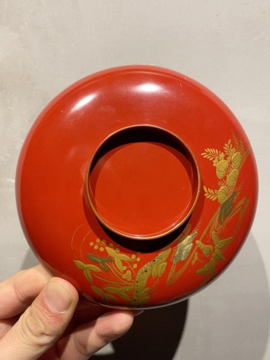 日本明治時期實木大漆壺承，高2.3口徑12.6厘米，百年老物件嚴選手繪松
