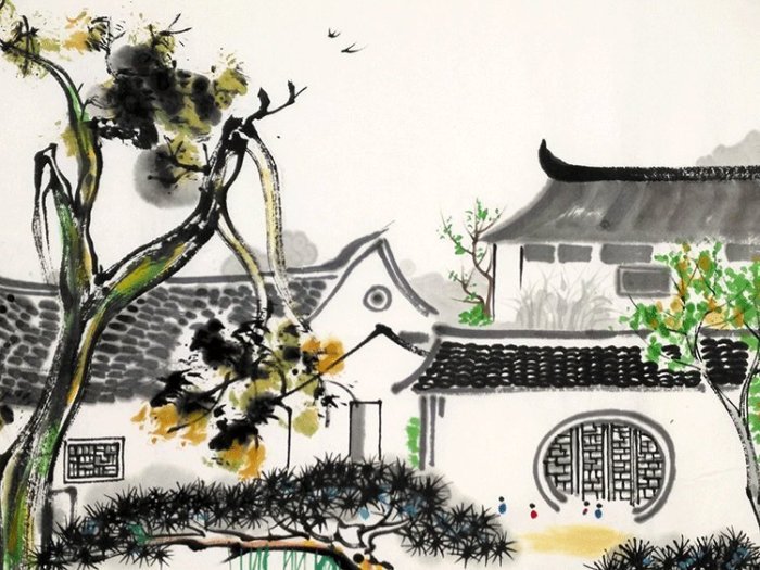手描き 水彩油画 山水画 吴冠中 風景作品図 中国絵画 約70×100cm 吳冠中字畫手繪横幅國畫抽象山水| Yahoo拍賣