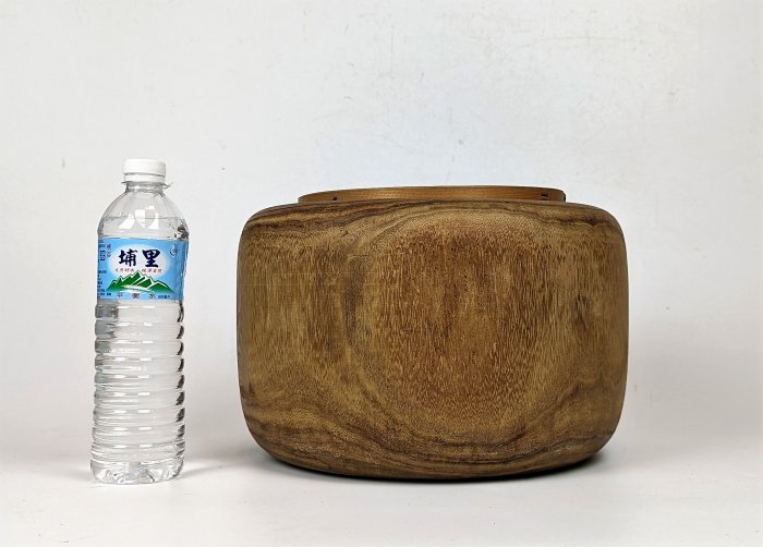 時代　網代木製翁面彫金蓋在銘煙草盆　 小物入　一茂刻 日本古民具/原木刳貫梧桐木火缽30cm /火鉢/火盆/火爐/暖爐/菸草盆