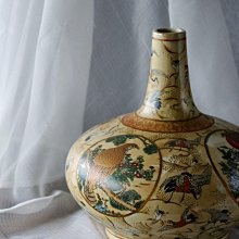 二手】日本古美術明治時期老薩摩花瓶榮盛窯龍山作百鳥薩摩燒大型花器器