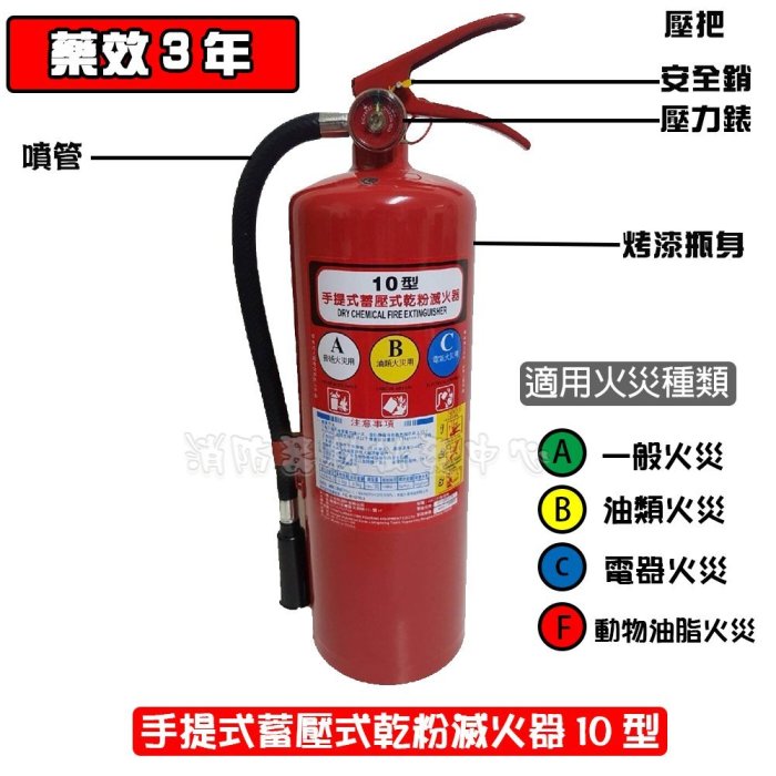 新法規 台灣製 10P ABC乾粉滅火器 10型乾粉滅火器.附貼紙.掛鉤(消防署認証)