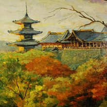 桑園の】純手繪油畫風景畫日本京都清水寺大型112公分華麗框掛畫
