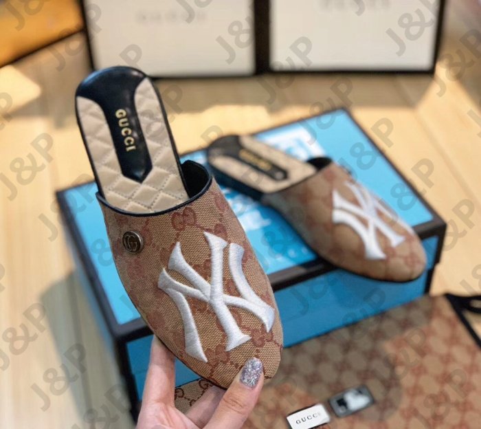 GUCCI 18FW Flamel NY洋基 老花GG經典拼色 真絲菱格墊腳 拖鞋