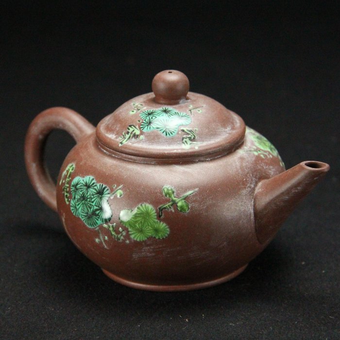 桑園の】中國宜興早期紫砂壺純手繪琺瑯彩鹿行松澗泡茶壺藝術品底銘K