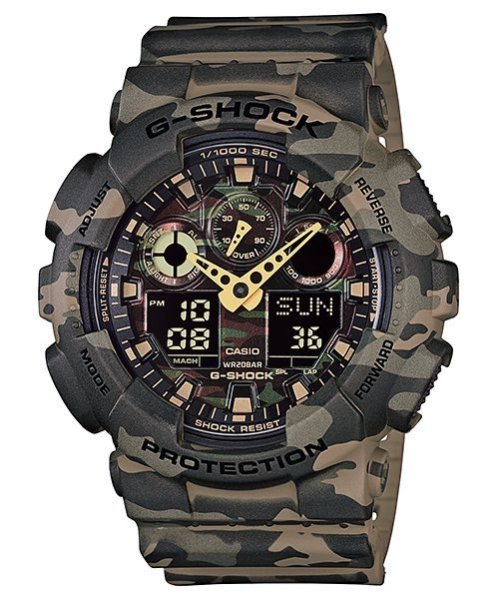【金臺鐘錶】CASIO 卡西歐G-SHOCK GA-100CM-5A 男錶 橡膠錶帶 黃迷彩 雙顯 耐衝擊構造