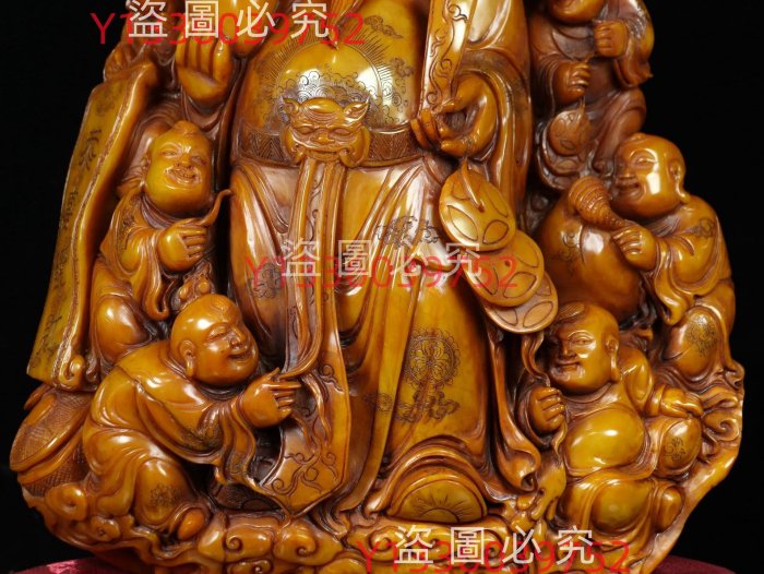 寿山石雕刻 印材　金運財運 珍篆刻家玉璇刻石，壽山石田黃石雕刻《財神》擺件，雕工精湛、細膩透