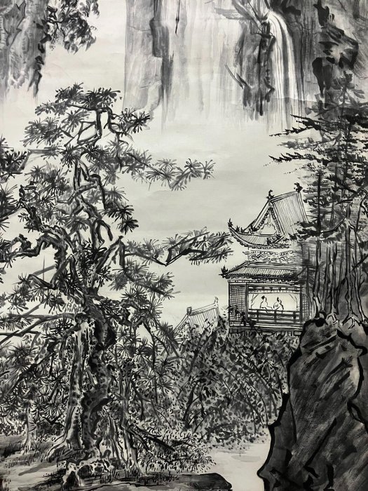 瑞云四尺大幅山水畫中堂《松山溪閣圖》國畫書法古玩字畫紙本綾裱畫心