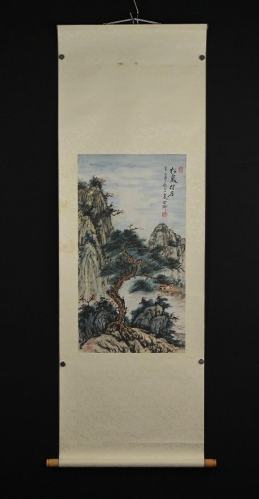 玖隆蕭松和挖寶網K》袁世卿辛巳年松巖村居山水書法彩墨畫掛軸(01605