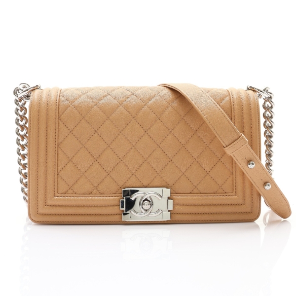 CHANEL 香奈兒 奶茶色 荔枝紋 牛皮 BOY 25 肩背包 銀釦 A67086 【二手名牌BRAND OFF】