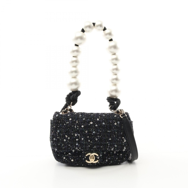 CHANEL 香奈兒 珍珠 Handle Mini Flap 肩背包 黑色毛呢 亮片 【二手名牌BRAND OFF】