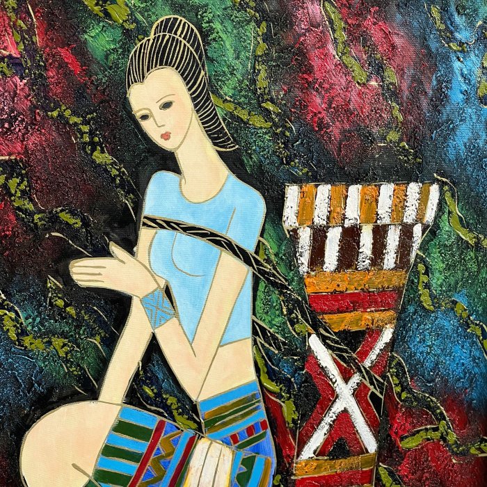 人物油畫印象派原住民風抽象藝術65x75公分手繪油畫有框畫– 834