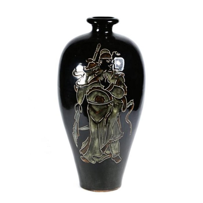 博古珍藏》宋．吉州窯黑釉關公梅瓶．早期收藏．老件花瓶瓷器．非官窯哥