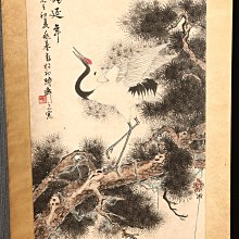 【風景】絹本　掛軸（愛兆／銘） 8/20結標浙江名家湯兆基手繪松鶴延年PDG0306 -軸畫茶掛書法絹本山水