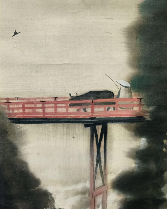 嚴選高野山極樂橋古風掛軸，日本回流絹本藝術品，縱198cm橫53.5cm
