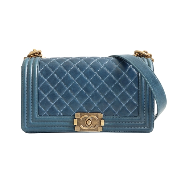 CHANEL 香奈兒 BOY 25 鍊帶 肩背包 藍色 菱格紋 牛皮 A67086 【二手名牌BRAND OFF】