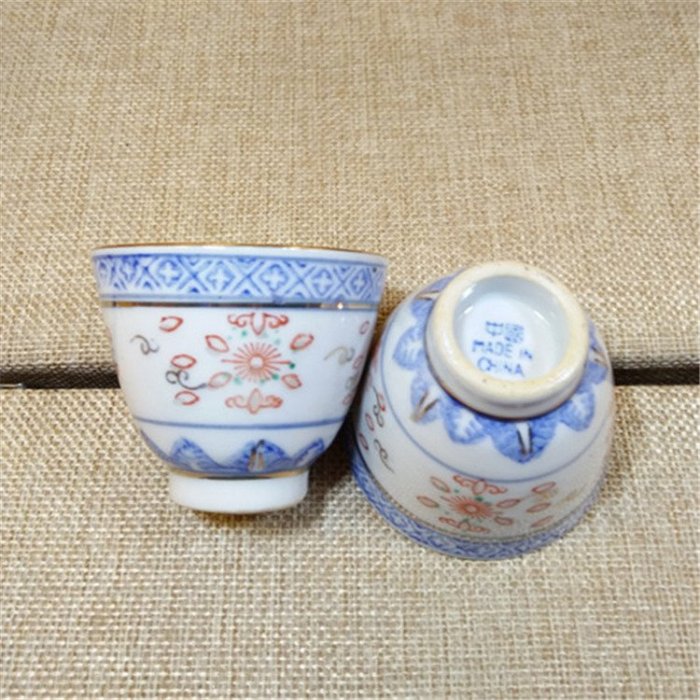 景德鎮文革廠貨瓷器/光明瓷廠產青花描金玲瓏米通三缸盅/普洱茶杯