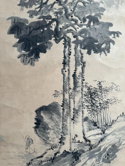 翁圖仮表装掛軸/仙嶺筆 嚴選清代蘇翁老人墨寶《梧桐消夏圖》，180cm大作精心手繪，適合收藏