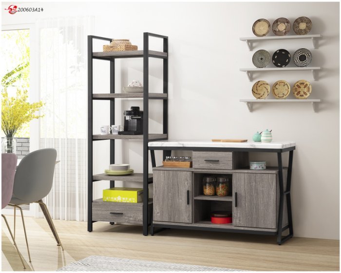 【DH】商品貨號E863-1商品名稱 《施勝發》工業風灰橡6尺L型餐櫃(圖一)2尺展示櫃+4尺餐櫃.臺灣製.可拆賣