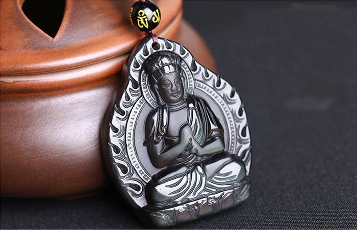 超激レア珍品‼︎古代老礦石　法相佛眼天珠　初期 yyymddd Disk水晶][羊猴生肖本命佛]頂級冰彩黑曜石-大日如來菩薩法相雕墜FQ-06
